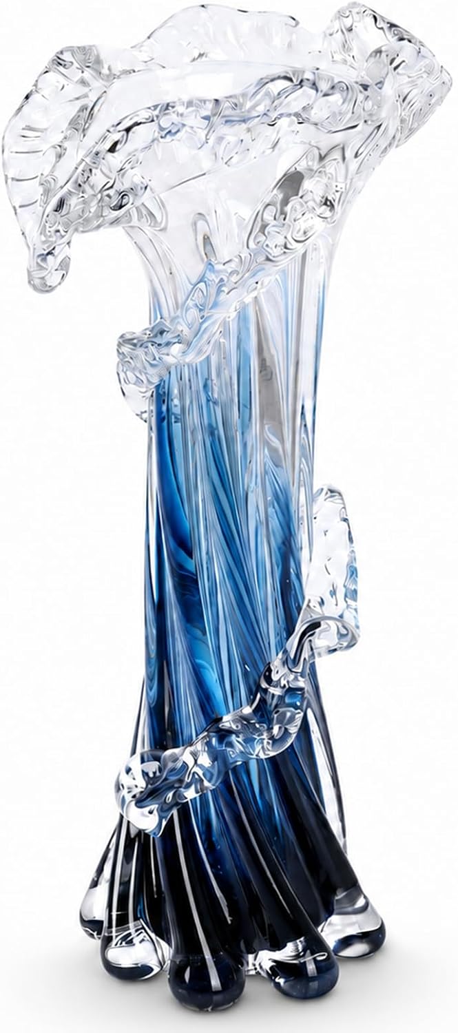 Blown Glass Vase — 12 in Tall, Blue Wave Form